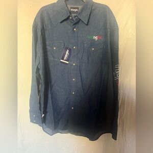 New Wrangler men western denim snap front XL shirt with embroidery details
